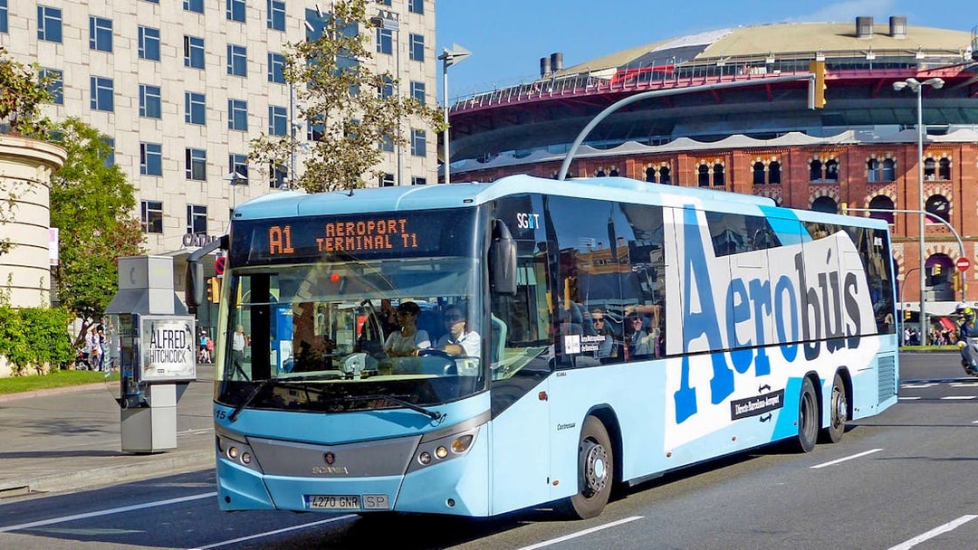 Aerobus on Barcelona street, offering transport from airport to city center.