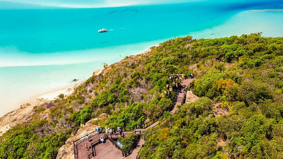 Aerial view of a boat near Airlie Beach with a boardwalk through lush greenery.