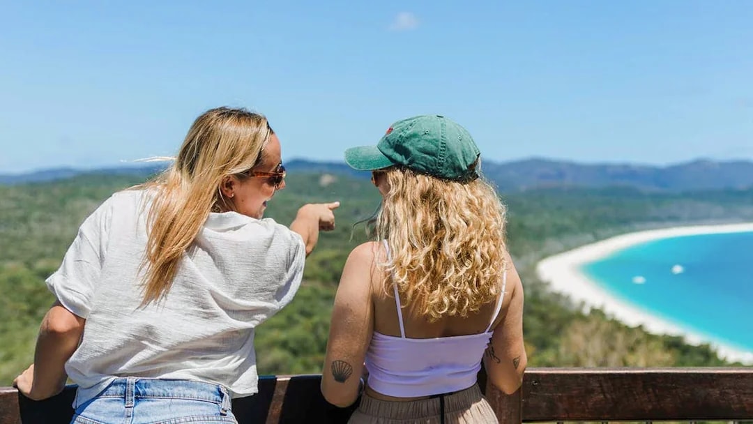 Tourists at South Whitehaven Lookout enjoying ocean and forest views.