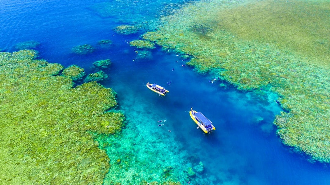 Aerial view of snorkelers near boats in the Whitsundays, Australia.