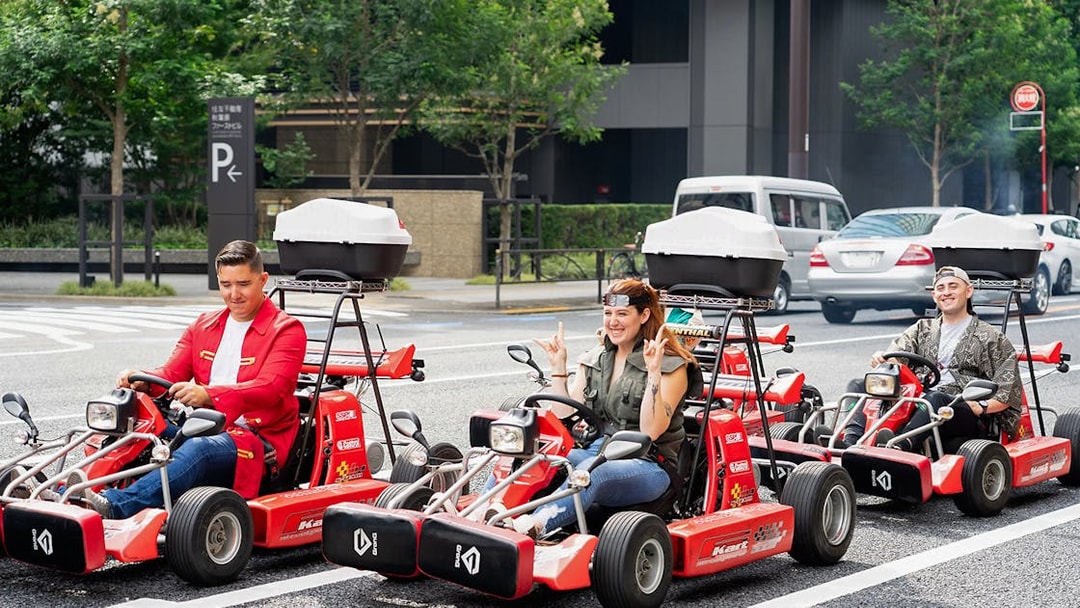 People enjoying Akihabara GoKart Experience on Tokyo streets.