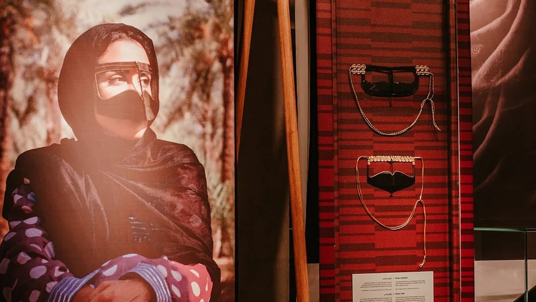 Traditional Emirati face coverings display at Al Shindagha Museum.