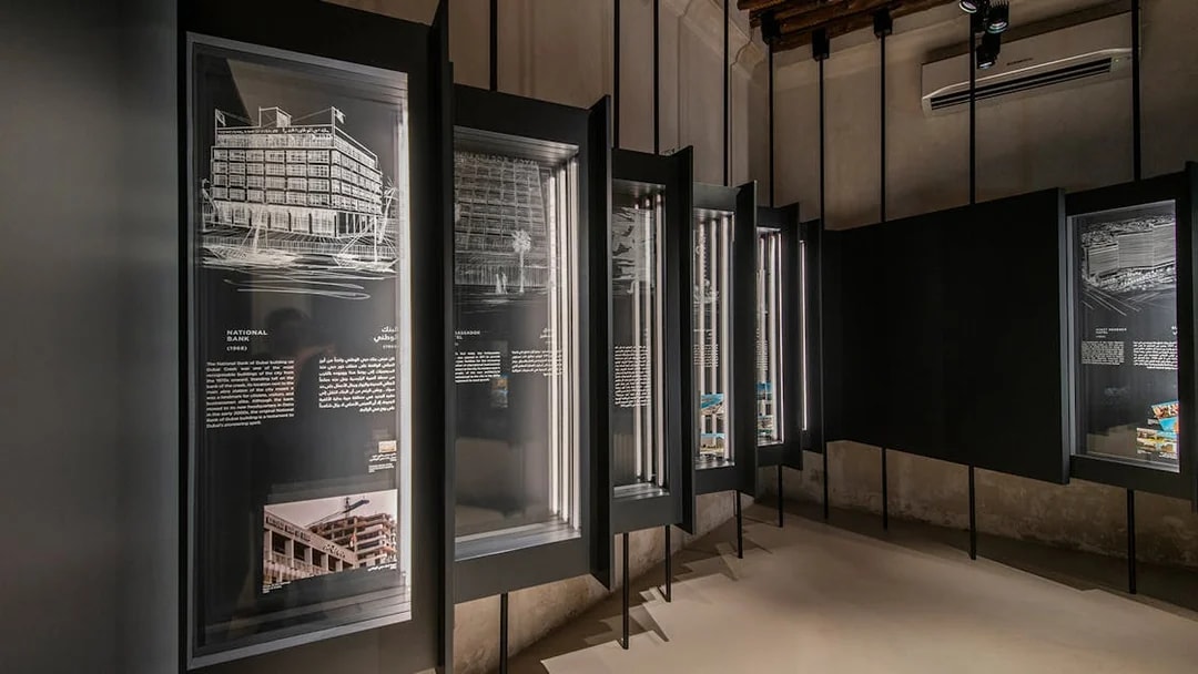 Exhibit of architectural sketches at Al Shindagha Museum, Dubai.