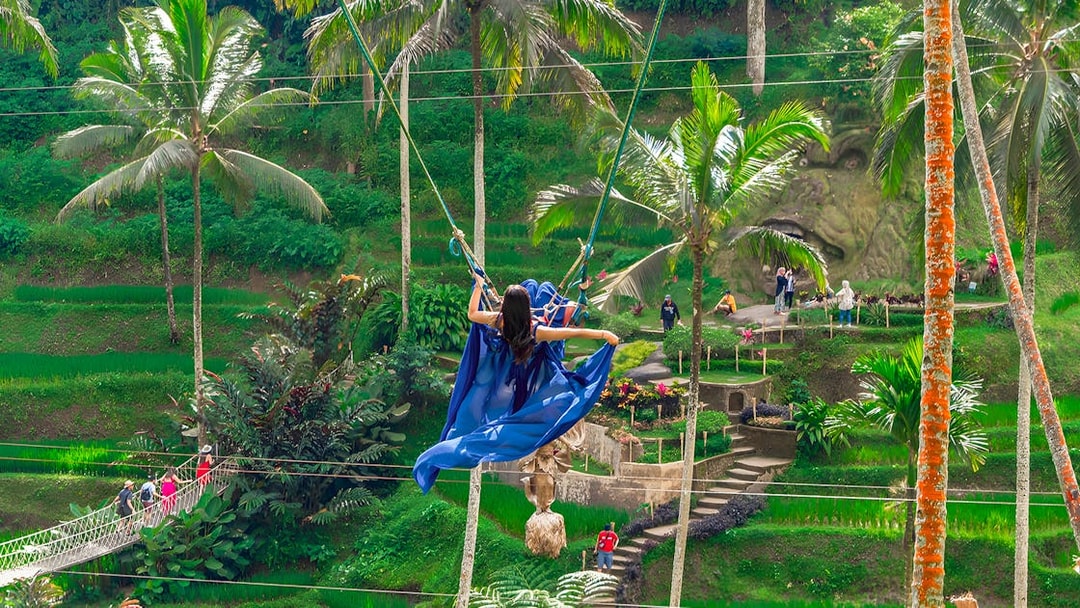Woman on swing at Alas Harum Bali with lush greenery and palm trees.