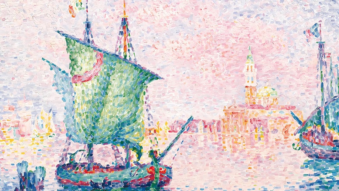 Sailboat on Venice waters with San Giorgio Maggiore in the background, The Pink Cloud by Paul Signac.