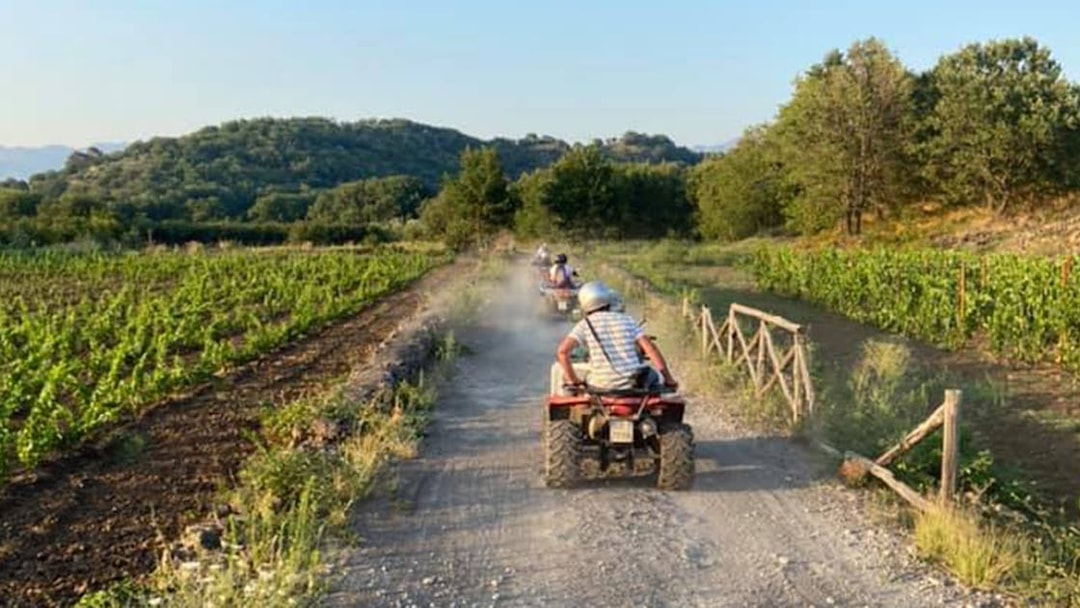 Quad bikes on a dirt path through Alcantara Gorges, Sicily, with lush greenery.