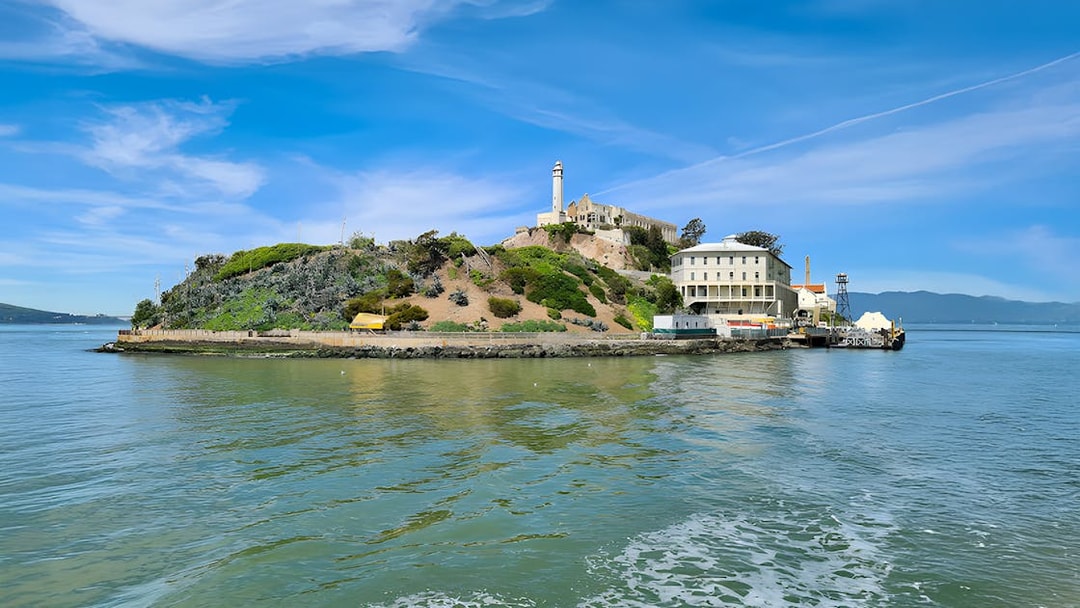 Alcatraz Island viewed from a ferry in San Francisco Bay.