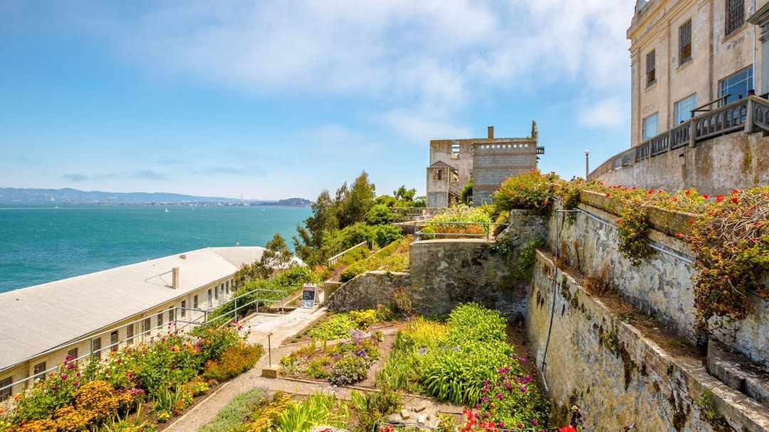 Alcatraz Island garden with historic buildings and view of San Francisco Bay.