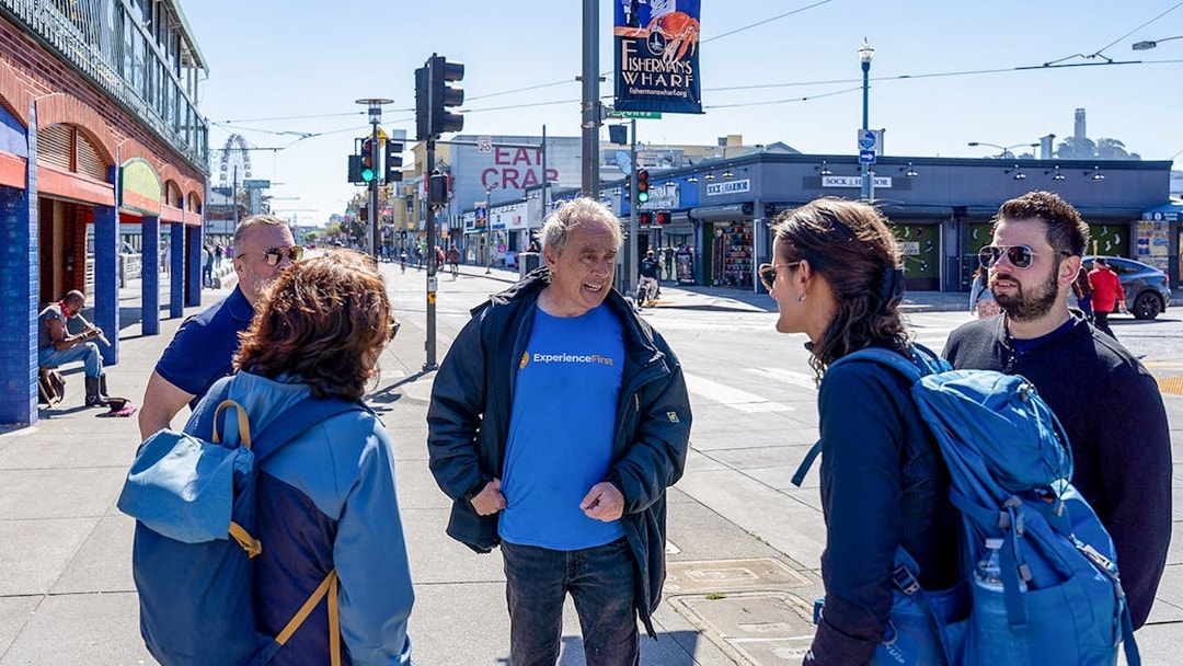 Group on Fisherman’s Wharf walking tour with guide, San Francisco.