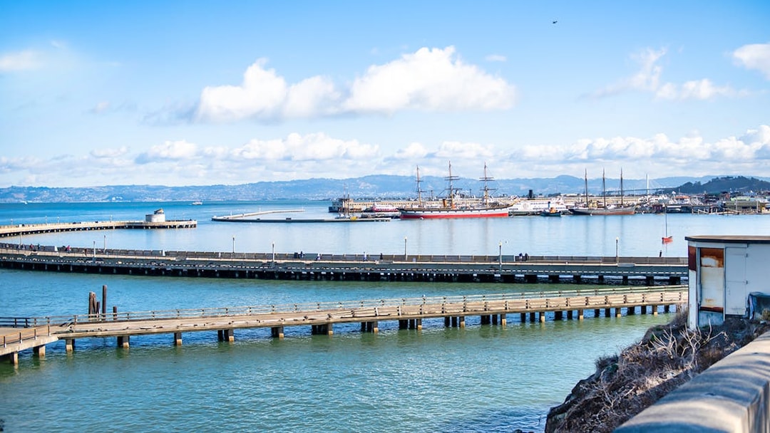 Aquatic Park and pier view from Black Point, San Francisco, with historic ships in the harbor.