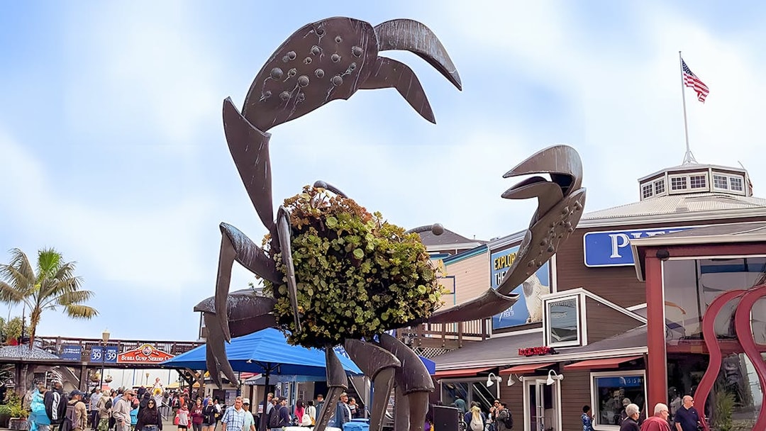 Dungeness crab sculpture at Pier 39, San Francisco waterfront.