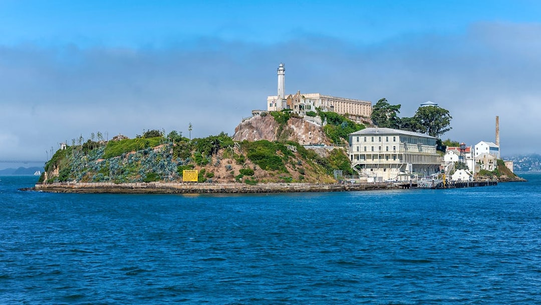 Alcatraz Island with historic prison buildings in San Francisco Bay.