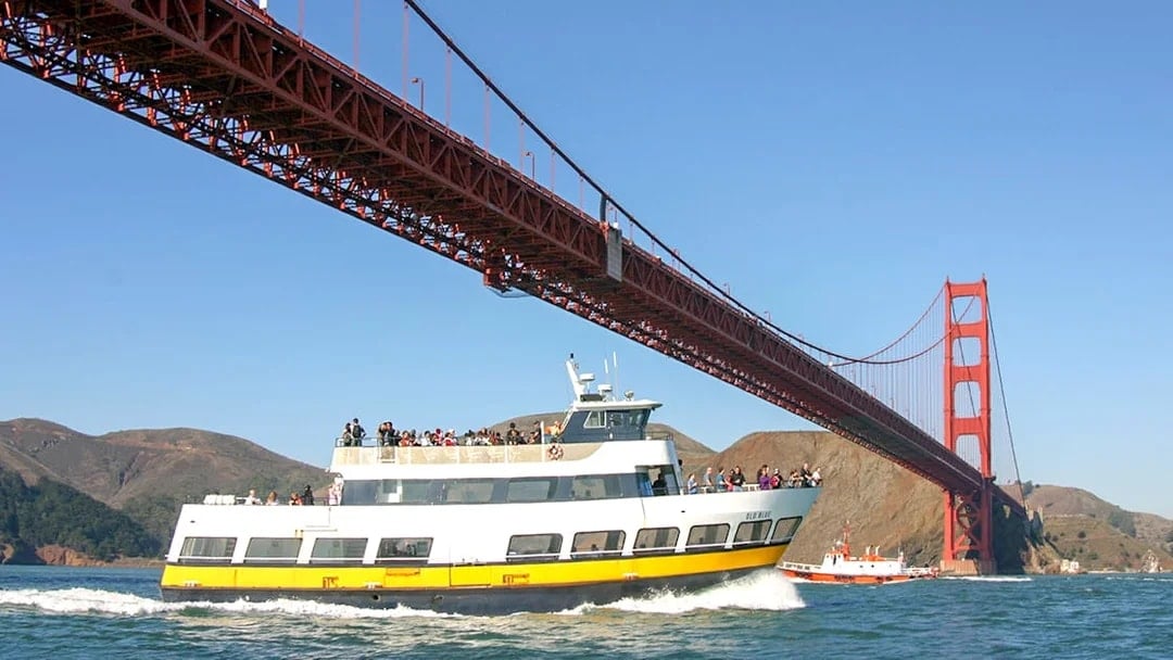 Cruise ship under Golden Gate Bridge during Alcatraz Tour, San Francisco Bay.