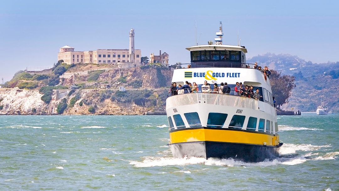 Ferry approaching Alcatraz Island on San Francisco Bay cruise.