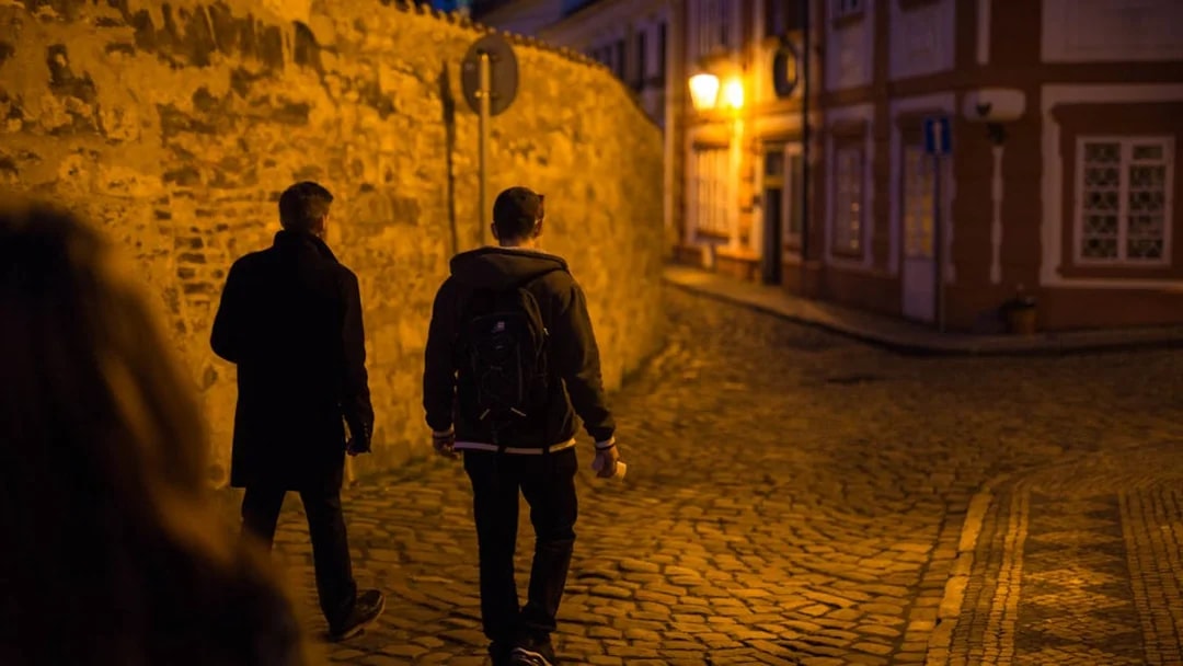 Visitors walking through cobblestone streets near Prague Castle at night.