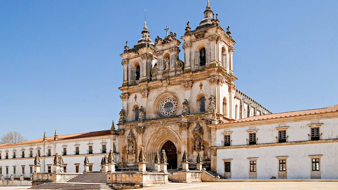 Facade of Alcobaça Monastery with twin bell towers, Lisbon.