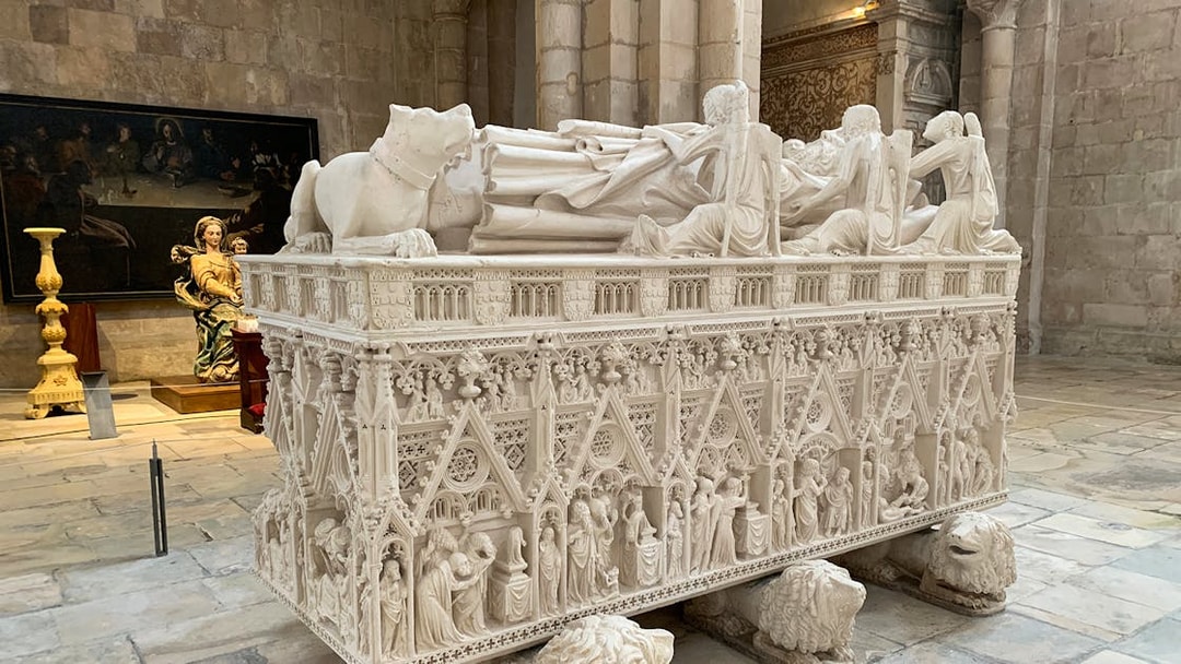 Sarcophagus with detailed carvings inside Alcobaça Monastery, Portugal.