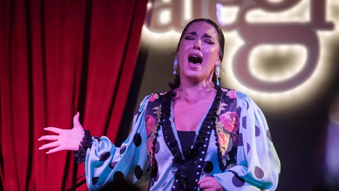 Flamenco performer singing passionately at Alegría Flamenco & Gastronomia.