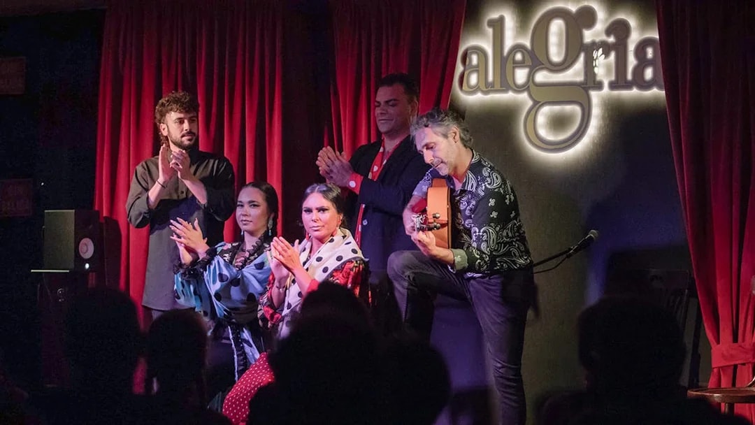 Flamenco performers on stage at Alegría, with guitarist and dancers clapping.