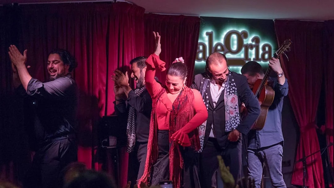 Flamenco dancers and musicians performing at Alegría venue.