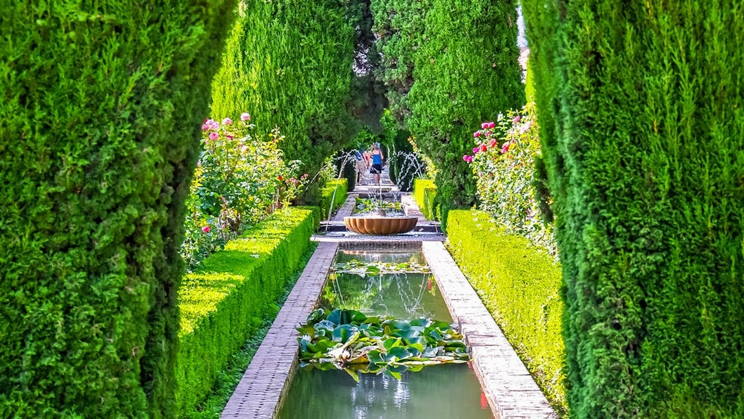 Alhambra garden path with fountain and hedges, Granada, Spain.