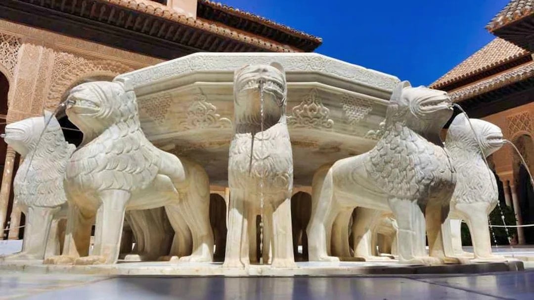 Lion Fountain at Alhambra's Nasrid Palaces, Granada, Spain.