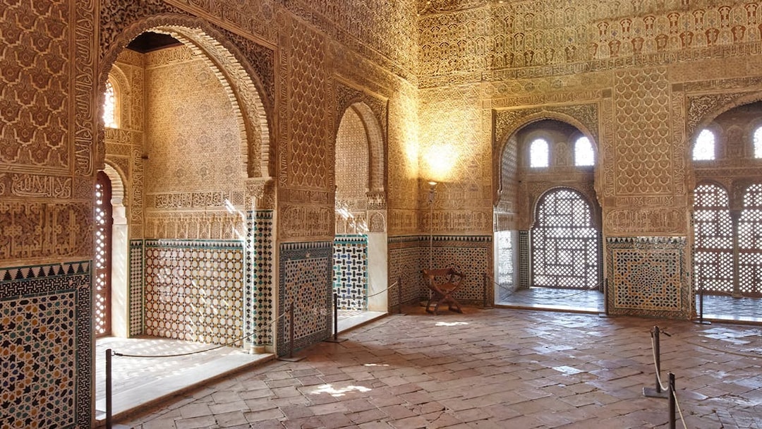 Ambassadors Hall in Alhambra, intricate ceiling and wall design, Granada, Spain.