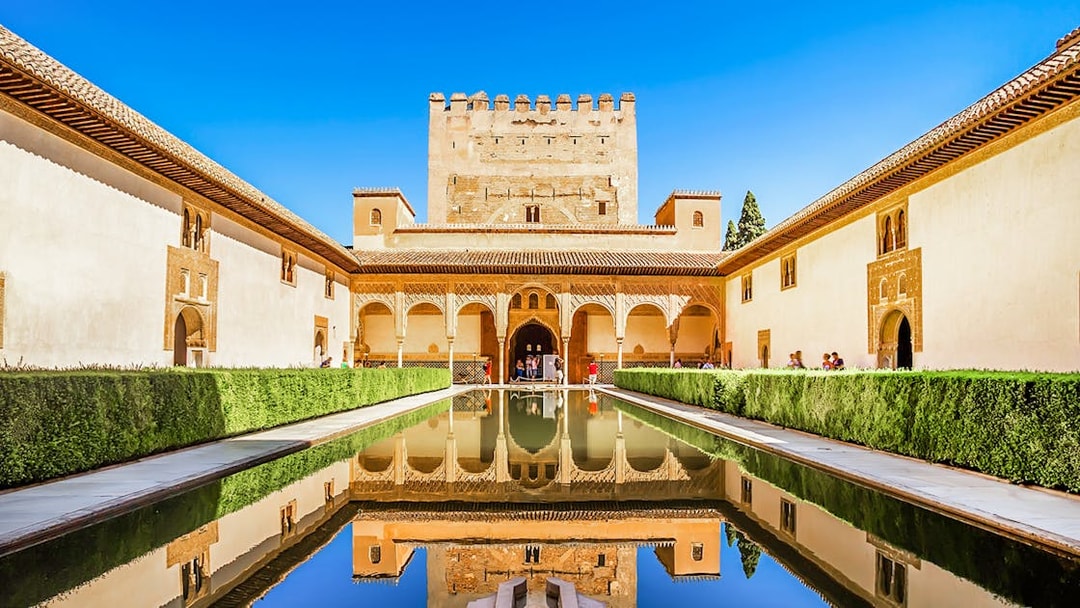 Court of the Myrtles with reflecting pool, Alhambra, Spain.