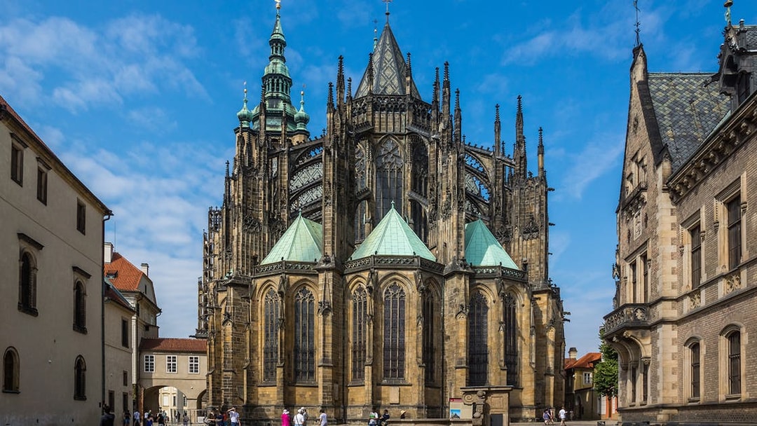 Saint Vitus Cathedral exterior with tourists, Prague CoolPass, Czech Republic.