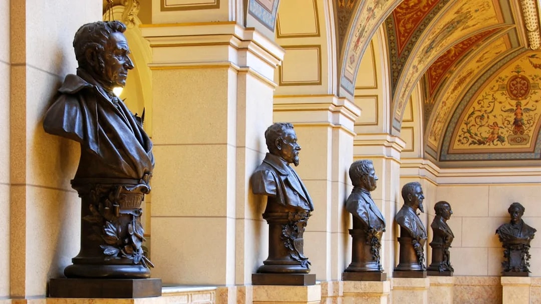 Bust sculptures in the Prague National Museum hallway, viewed with Prague CoolPass.