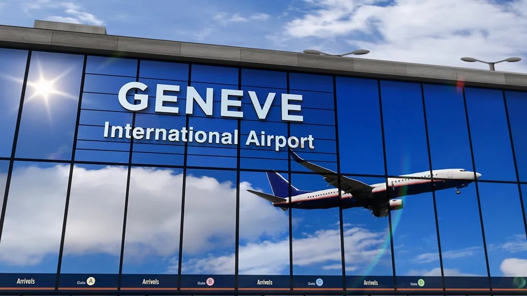 Airplane reflected in Geneva Airport terminal windows during landing.