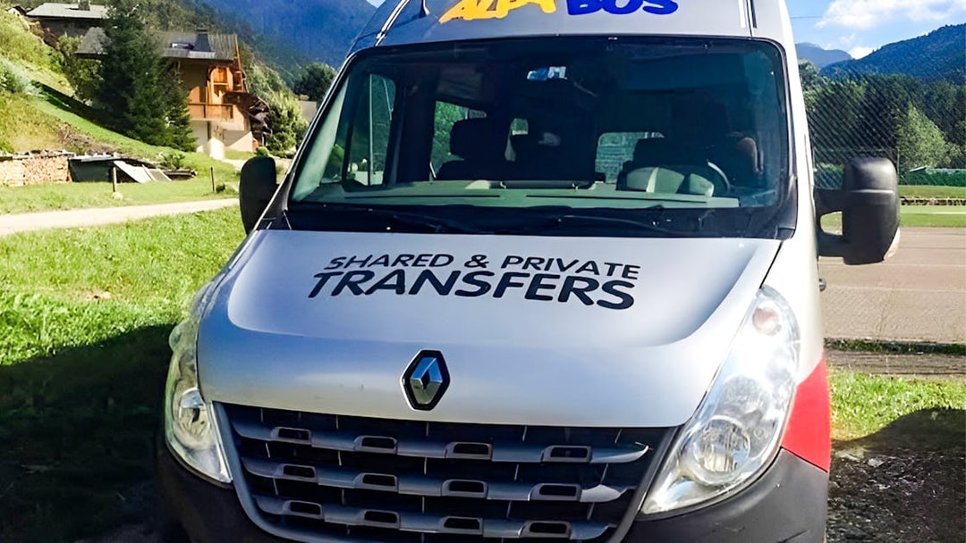 AlpyBus vehicle for transfers between Geneva Airport and Morzine bus terminal.