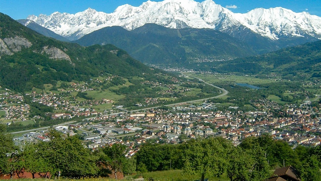 Sallanches town with Mont Blanc in the background, view from Geneva Airport route.