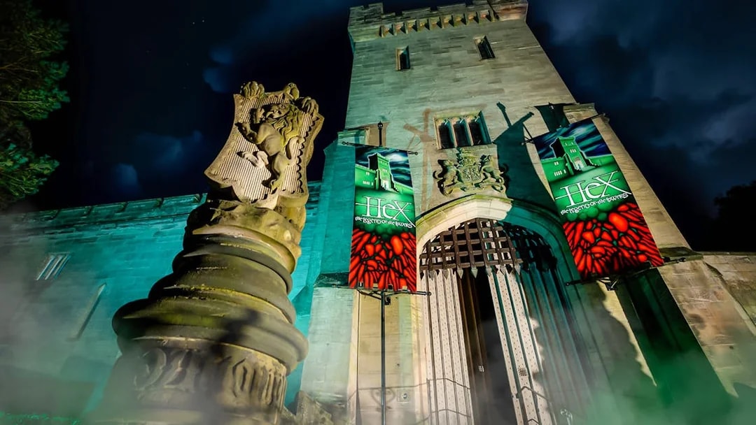 Hex Towers entrance at Alton Towers with illuminated banners at night.