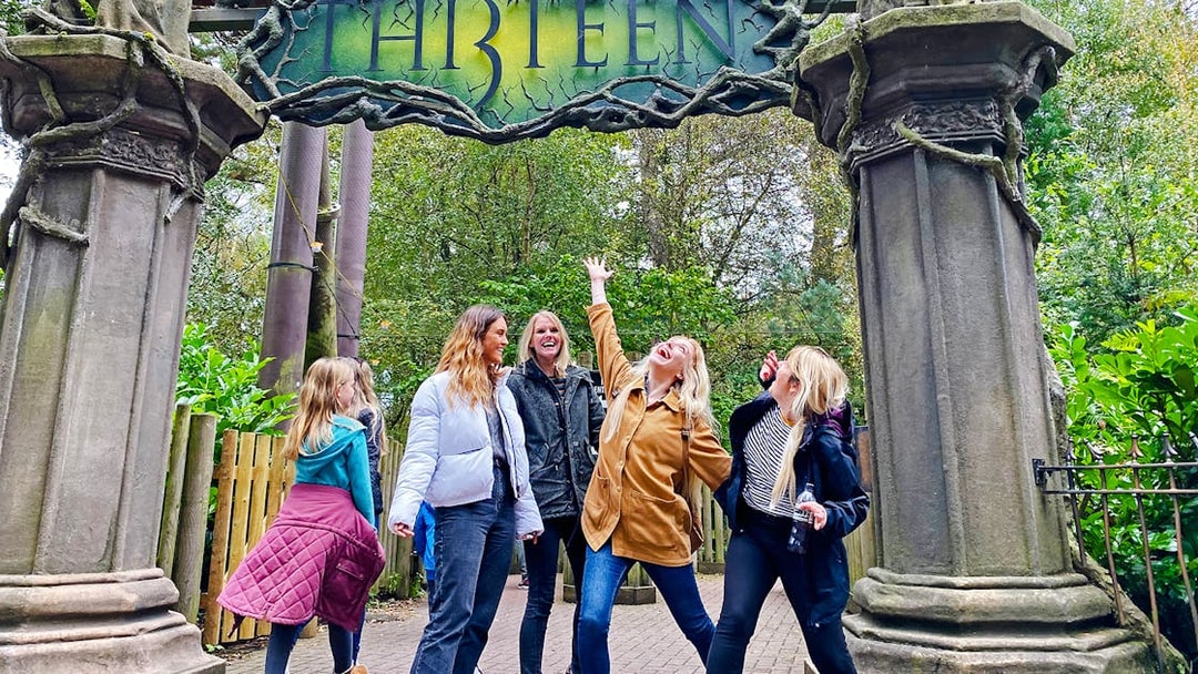 Guests enjoying the entrance to Thirteen ride at Alton Towers.
