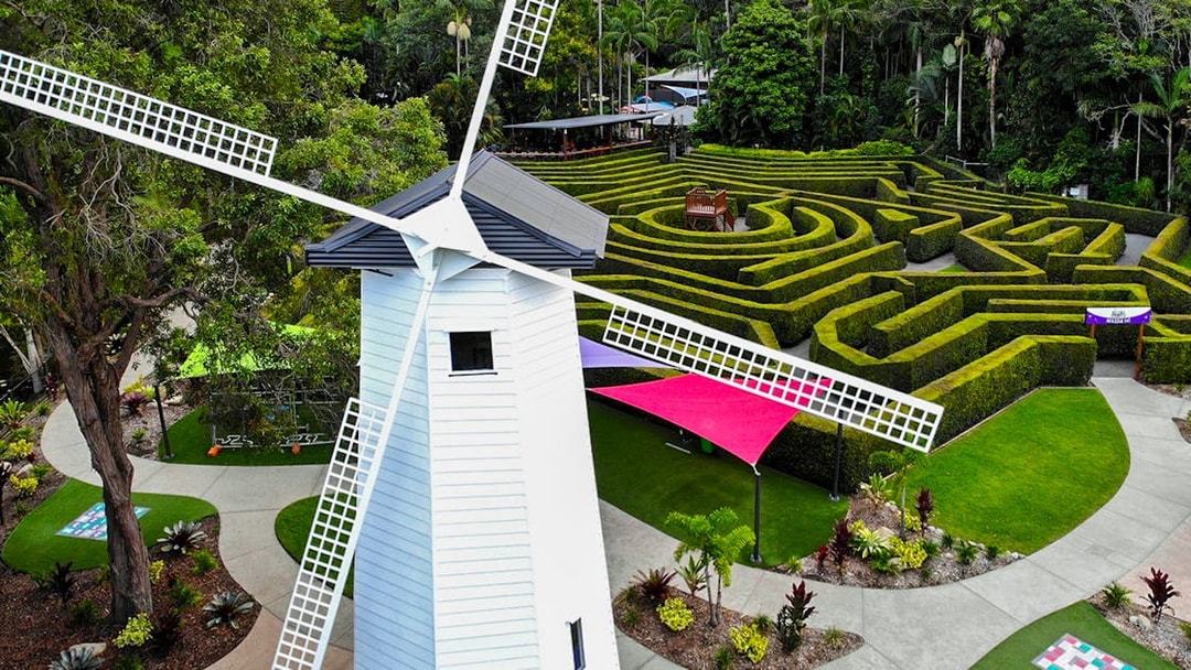 Windmill and hedge maze at Amaze World, surrounded by lush greenery.