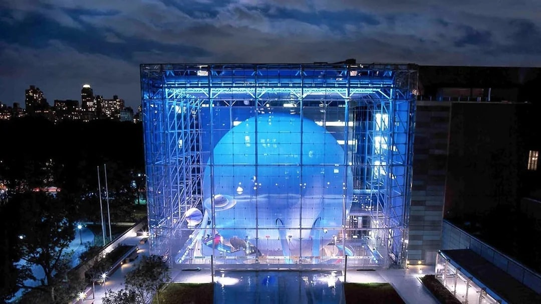 Rose Center for Earth and Space at night, American Museum of Natural History, NYC.