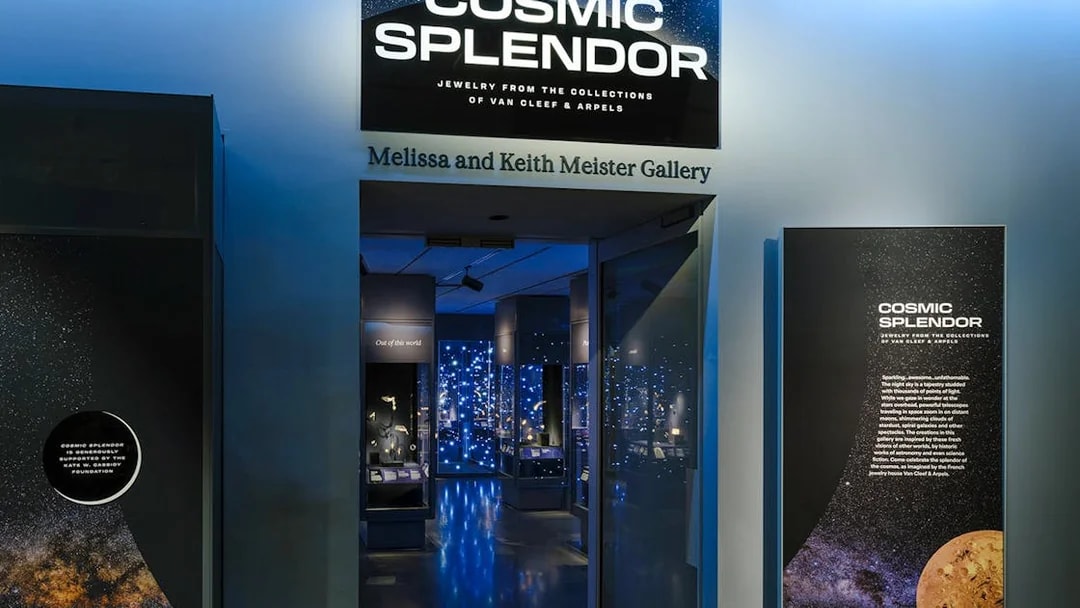 Entrance to Cosmic Splendor exhibit at the American Museum of Natural History, showcasing jewelry.