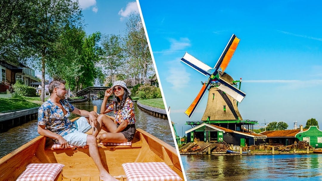Couple boating in Giethoorn canal and Zaanse Schans windmill under blue sky.