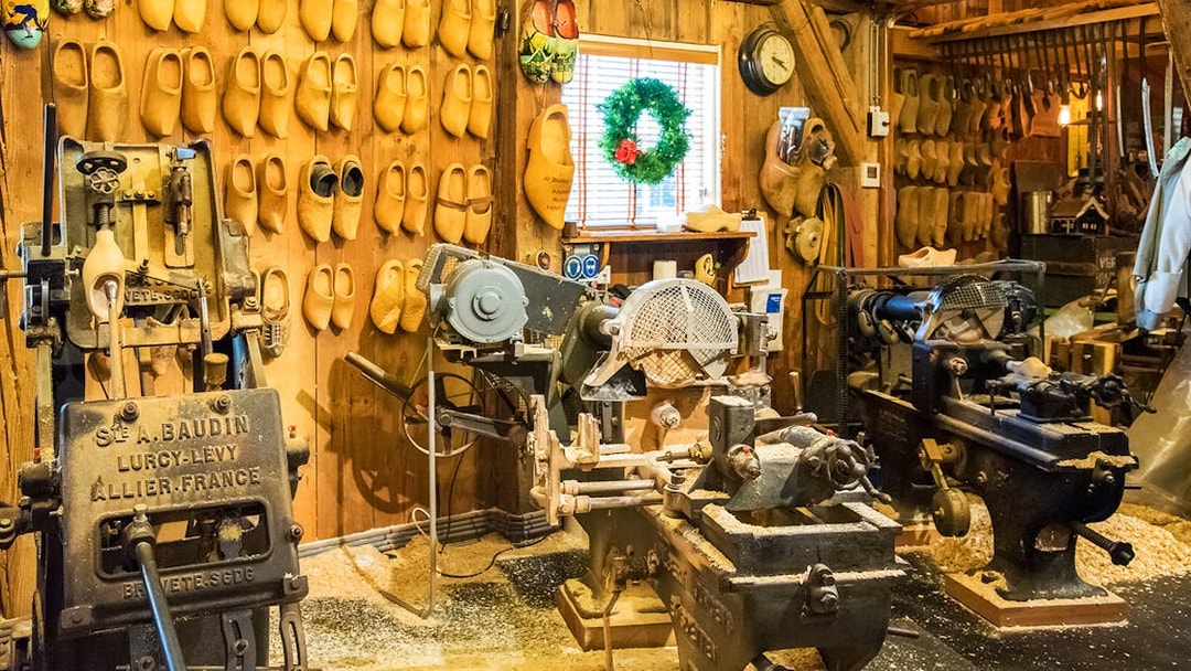 Wooden clog workshop with machinery in Zaanse Schans, Netherlands.