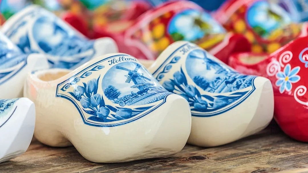 Decorative Dutch clogs with windmill design at Zaanse Schans, Netherlands.