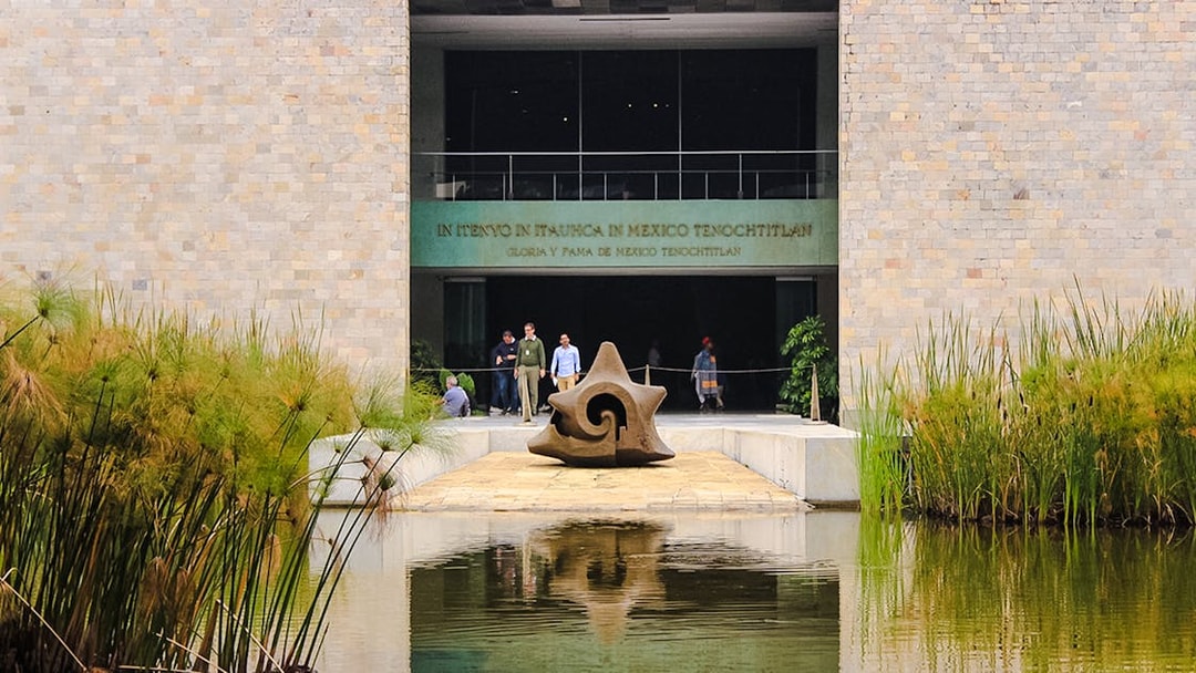 Entrance of the Anthropology Museum in Mexico City with a stone sculpture and reflecting pool.