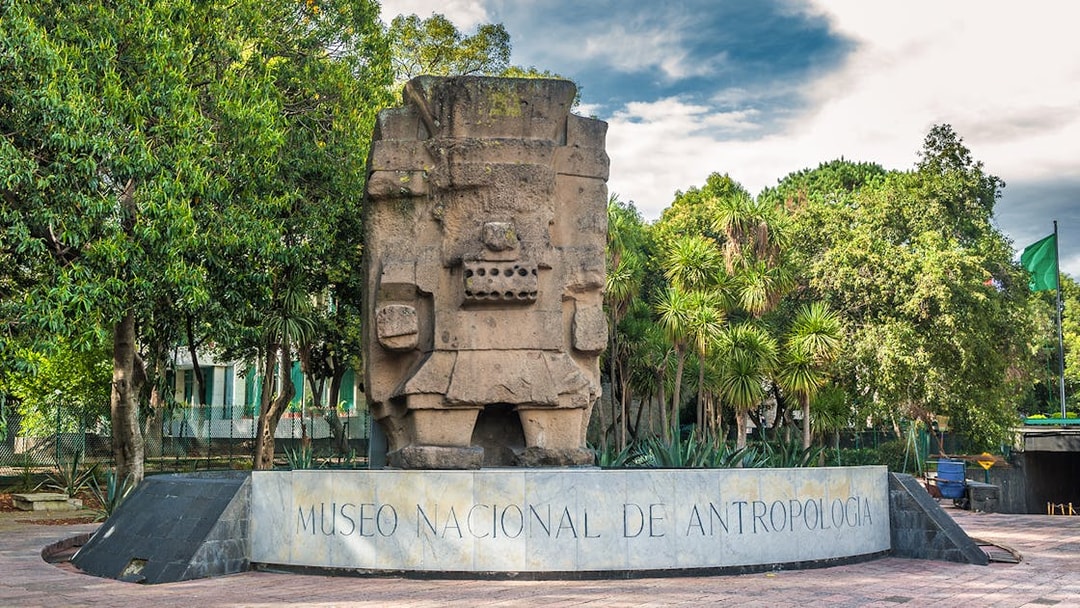 Stone sculpture at the entrance of the National Museum of Anthropology, Mexico City.