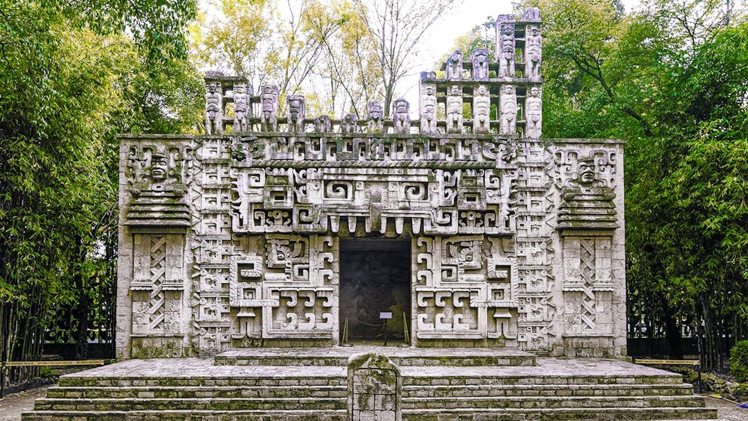 Reconstruction of a Maya temple facade at the Museum of Anthropology, Mexico City.