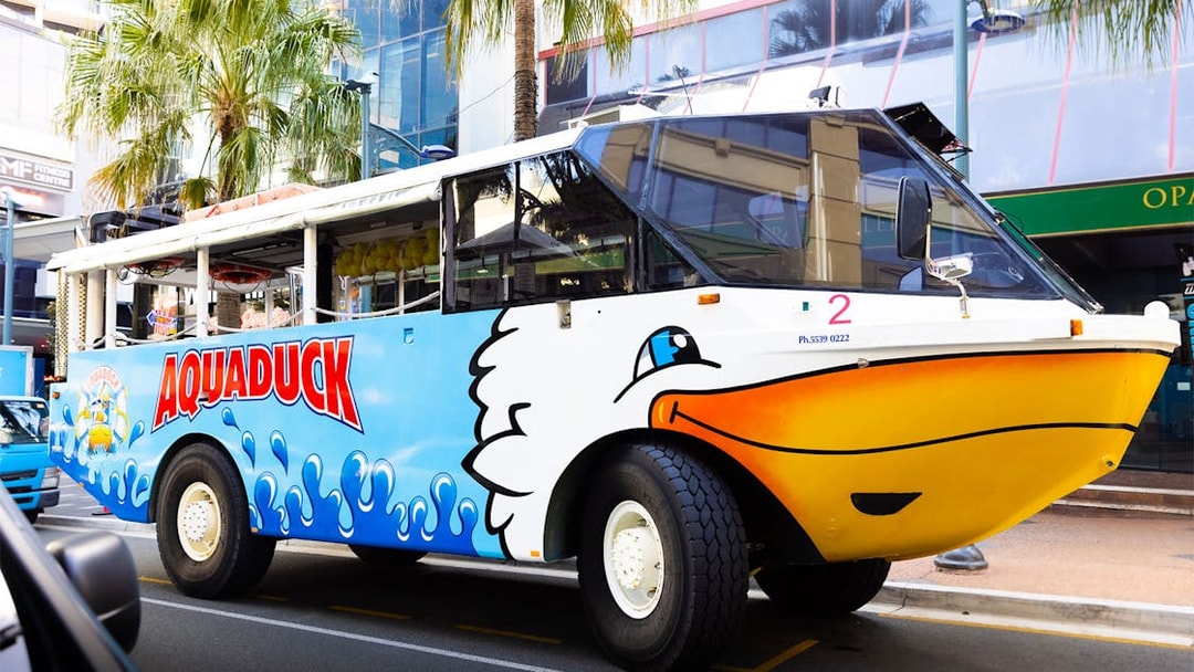 Aquaduck amphibious vehicle parked on Sunshine Coast street for city tour and river cruise.