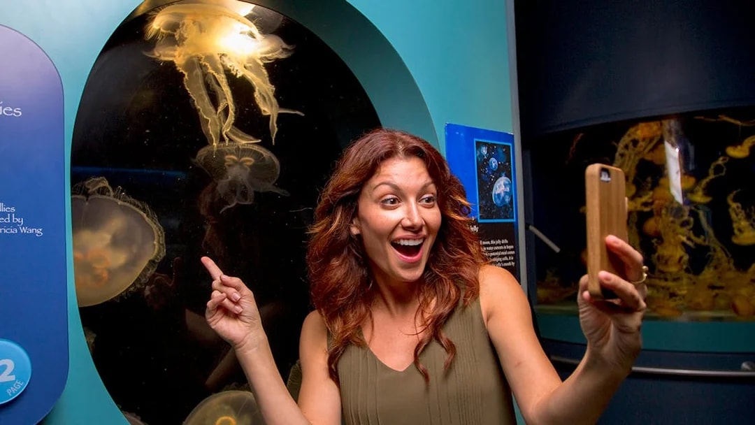 Visitor taking a selfie with jellyfish at Aquarium of the Pacific.
