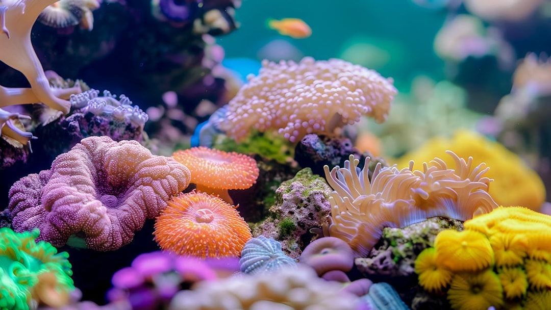 Colorful coral and sea anemones at Aquarium of the Pacific.