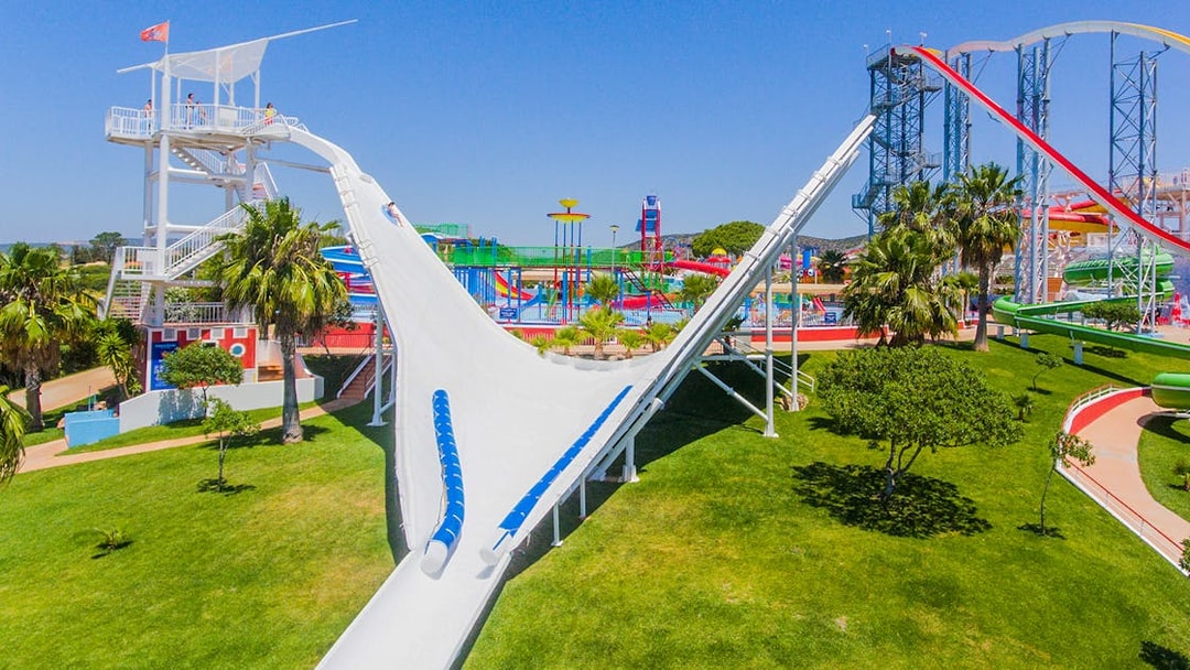 Water slide and attractions at Aquashow Water Park, Portugal.