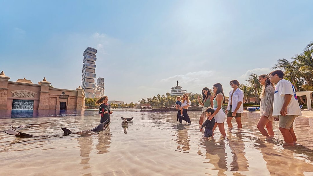 Tourists interacting with dolphins at Atlantis, The Palm, Dubai.