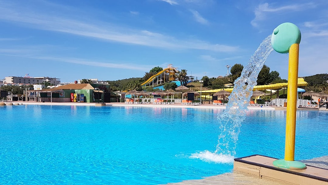 Water play area and slides at Aquopolis Costa Daurada, Spain.